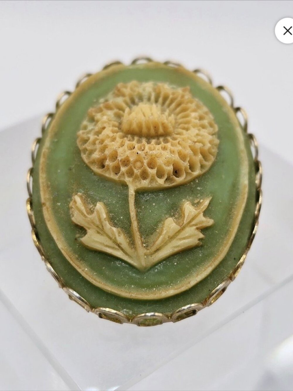 Vintage Green Floral Cameo Brooch Sage Green Cream Flower Gold Tone